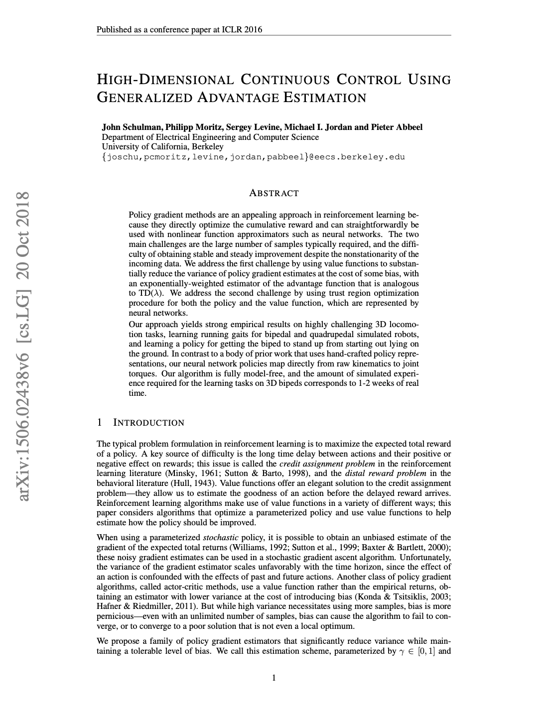 First page of High-Dimensional Continuous Control Using Generalized Advantage Estimation