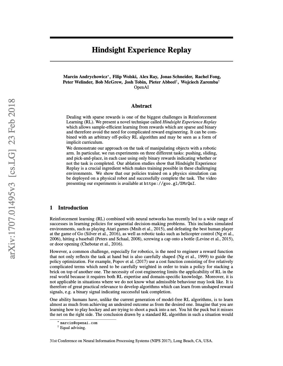 First page of Hindsight Experience Replay