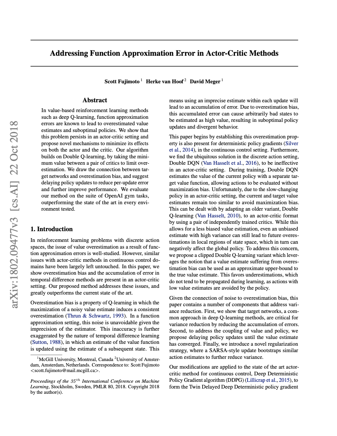 First page of Addressing Function Approximation Error in Actor-Critic Methods