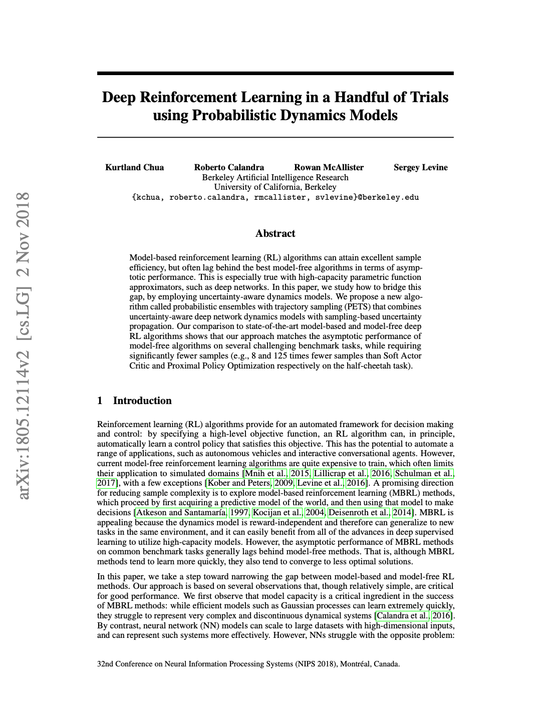 First page of Deep Reinforcement Learning in a Handful of Trials using Probabilistic Dynamics Models