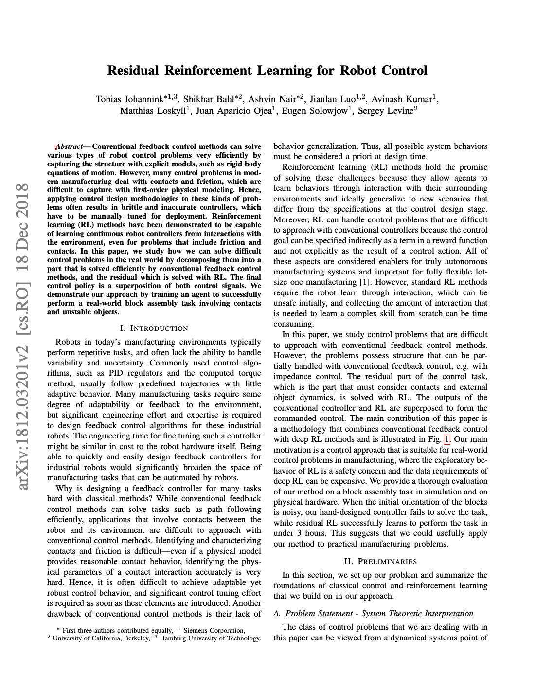 First page of Residual Reinforcement Learning for Robot Control