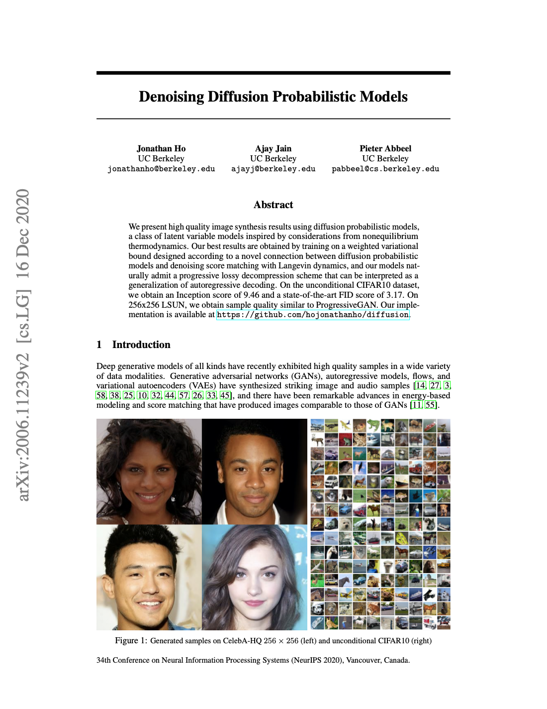 First page of Denoising Diffusion Probabilistic Models