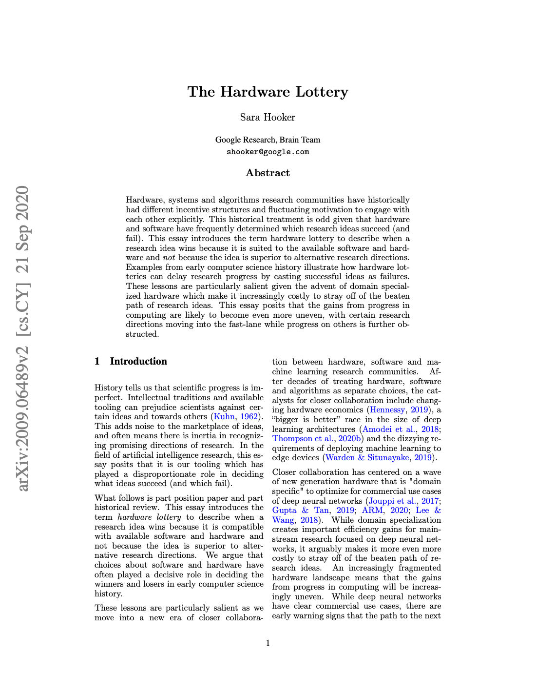 First page of The Hardware Lottery