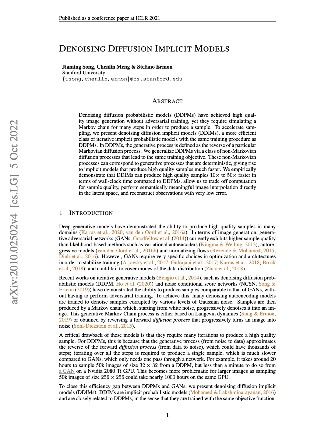 First page of Denoising Diffusion Implicit Models