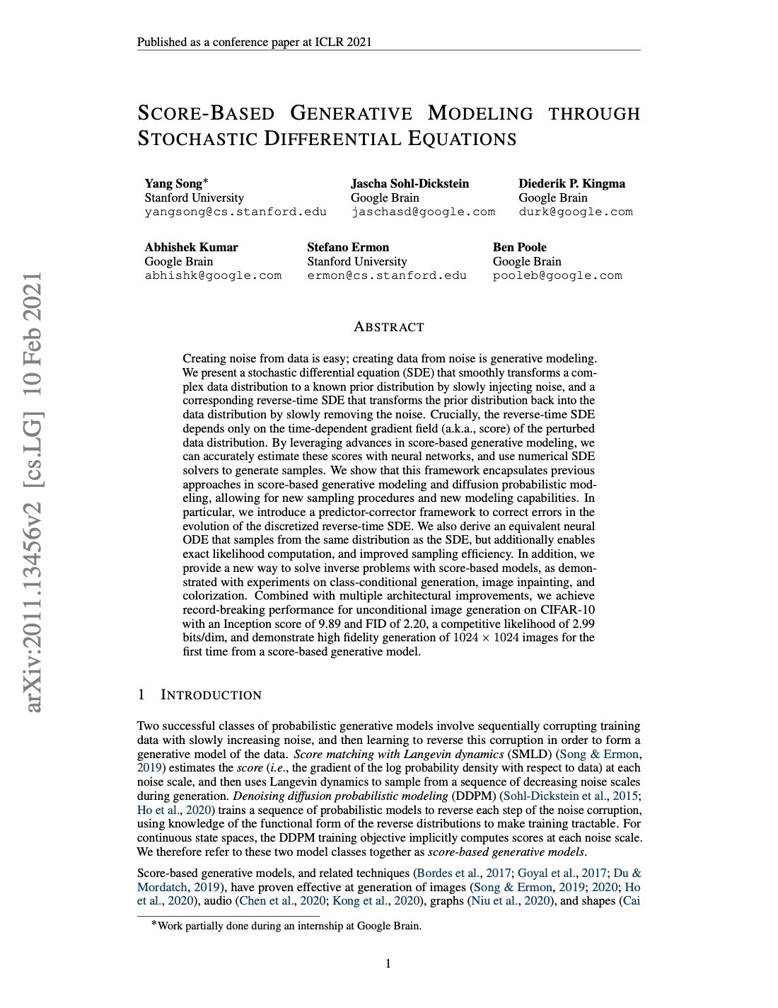 First page of Score-Based Generative Modeling through Stochastic Differential Equations
