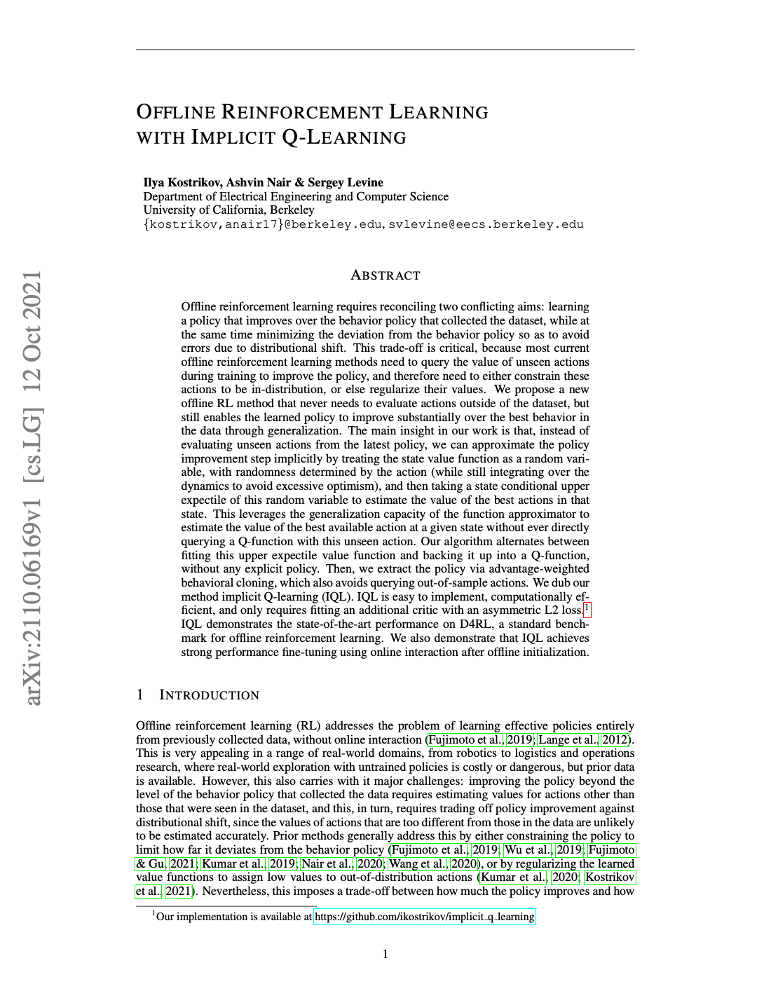 First page of Offline Reinforcement Learning with Implicit Q-Learning