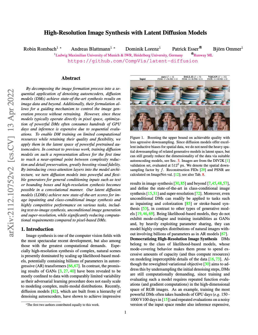 First page of High-Resolution Image Synthesis with Latent Diffusion Models