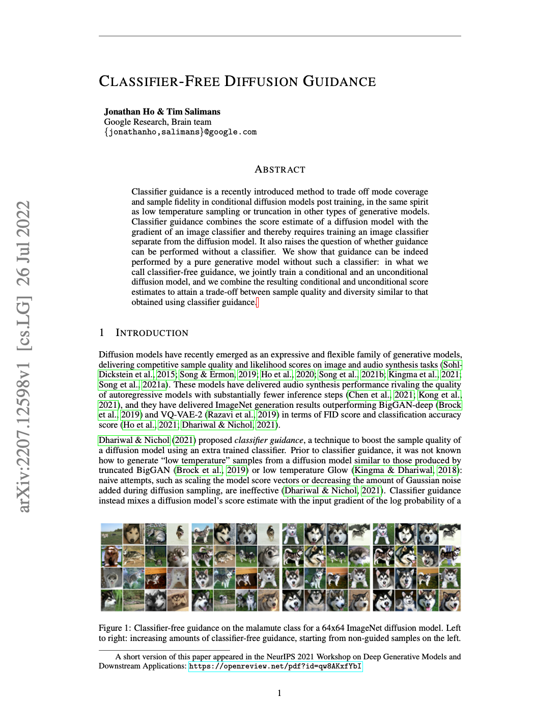 First page of Classifier-Free Diffusion Guidance