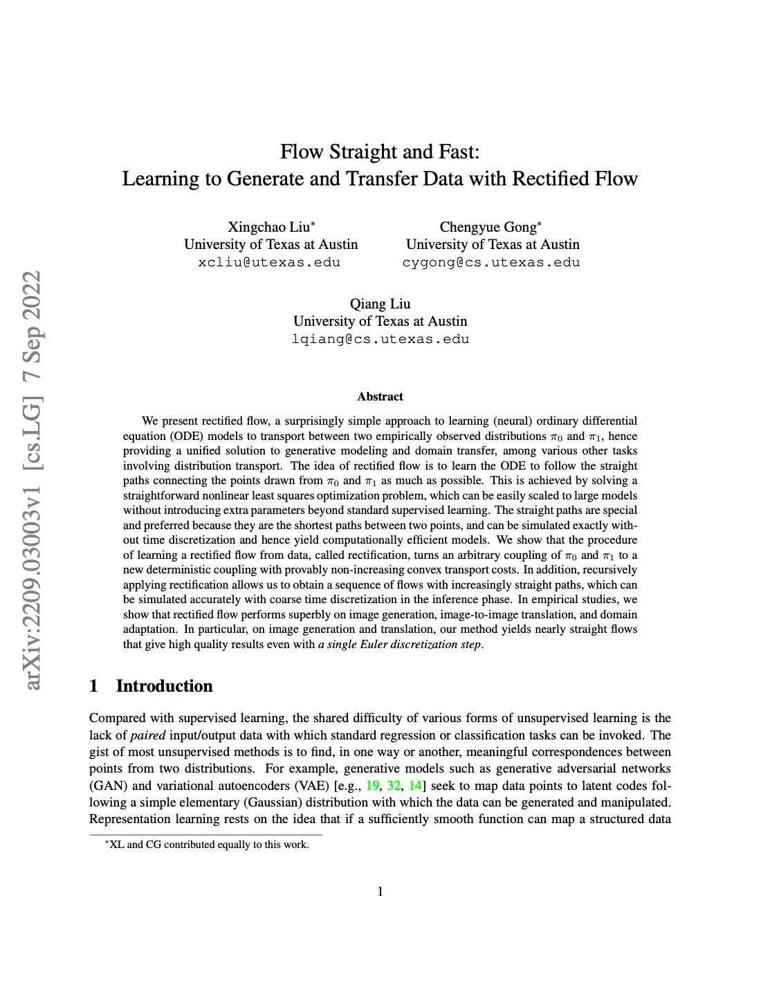 First page of Flow Straight and Fast: Learning to Generate and Transfer Data with Rectified Flow