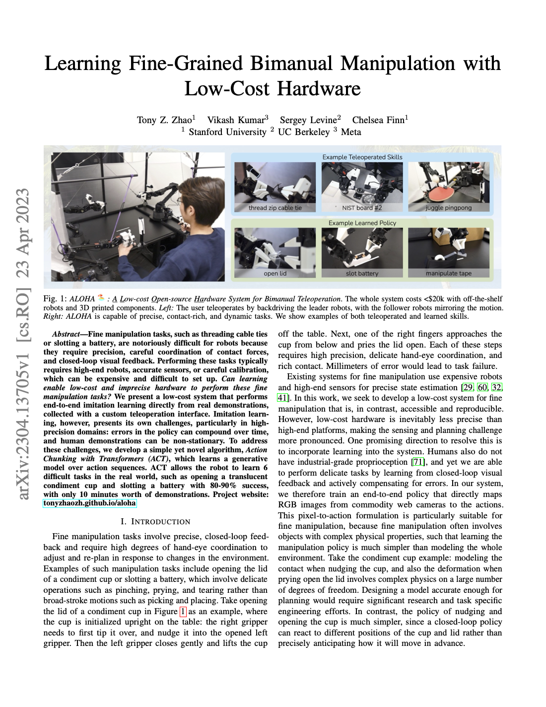 First page of Learning Fine-Grained Bimanual Manipulation with Low-Cost Hardware