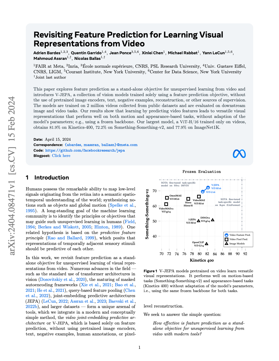 First page of Revisiting Feature Prediction for Learning Visual Representations from Video