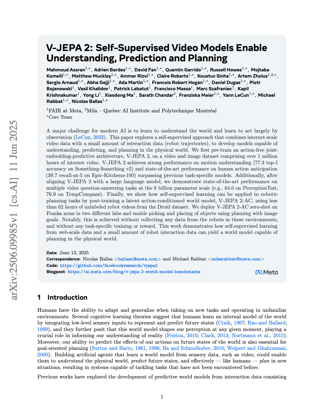 First page of V-JEPA 2: Self-Supervised Video Models Enable Understanding, Prediction and Planning