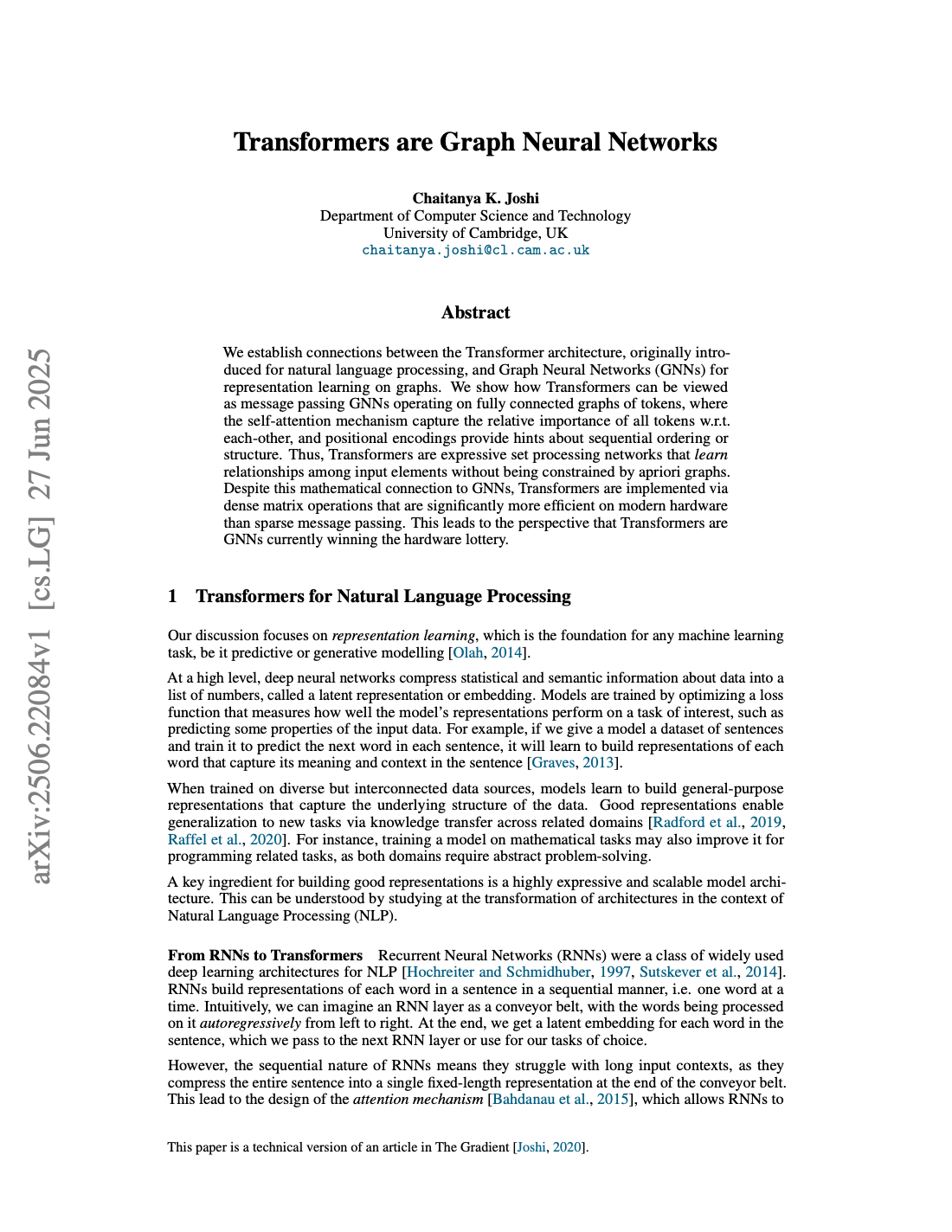 First page of Transformers are Graph Neural Networks