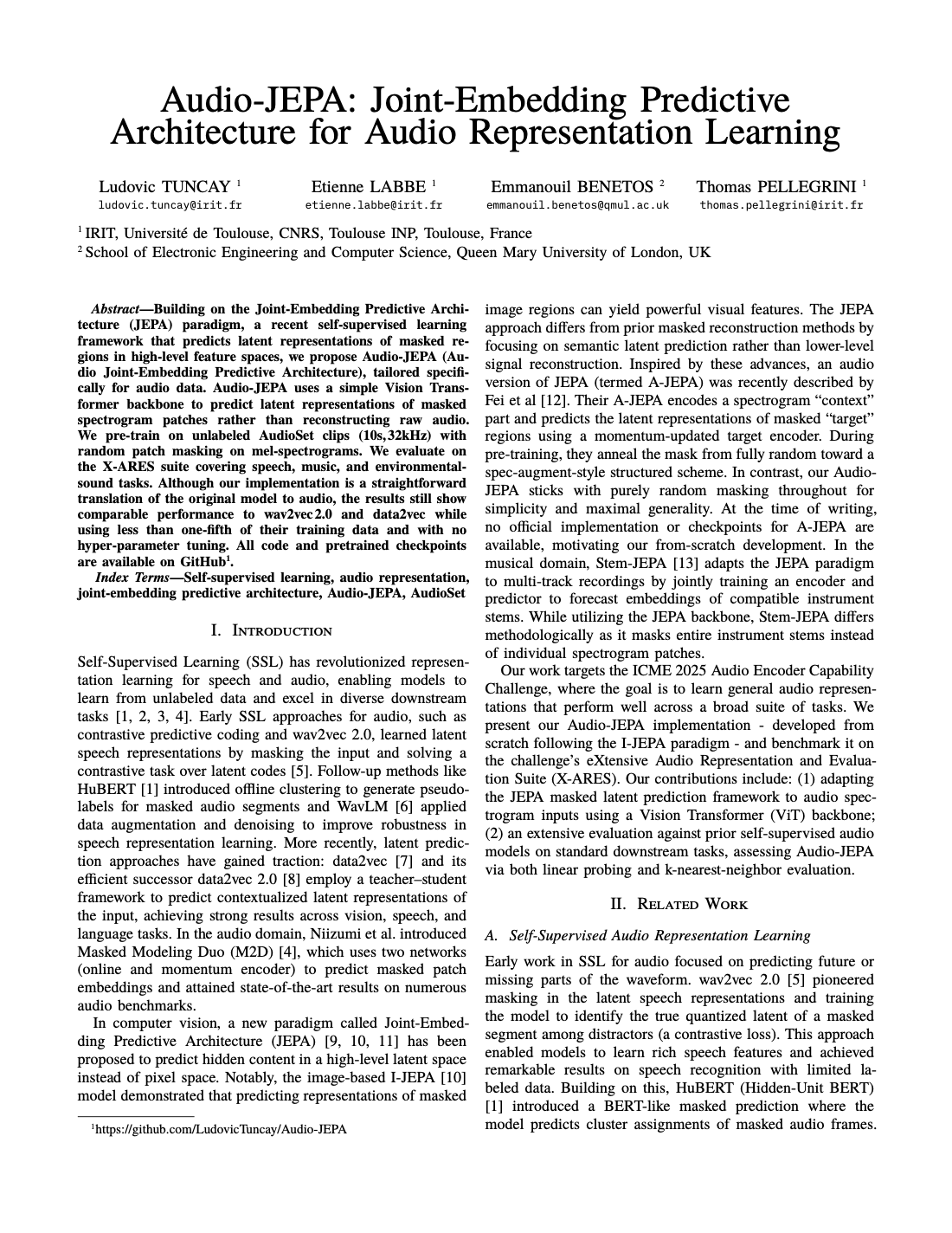 First page of Audio-JEPA: Joint-Embedding Predictive Architecture for Audio Representation Learning