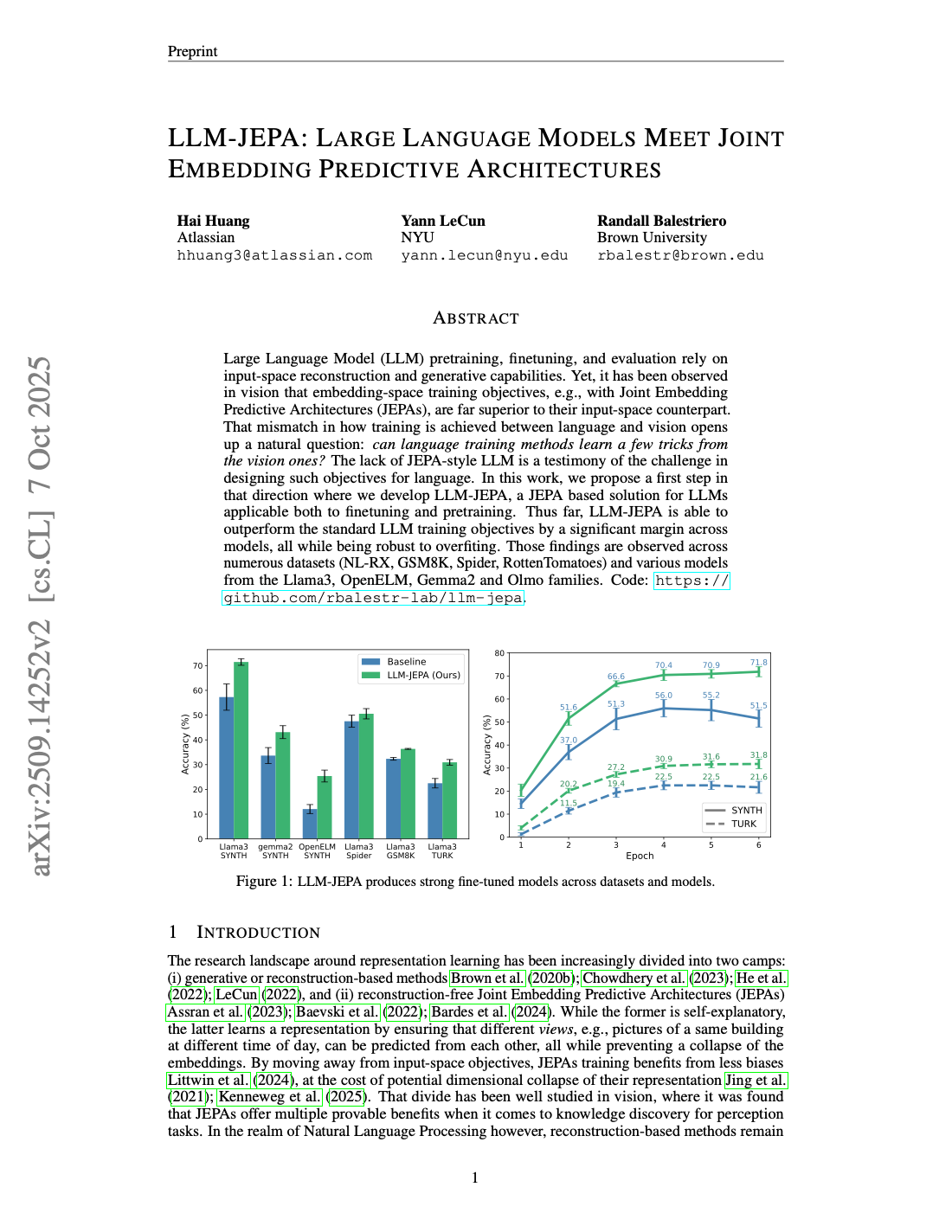 First page of LLM-JEPA: Large Language Models Meet Joint Embedding Predictive Architectures