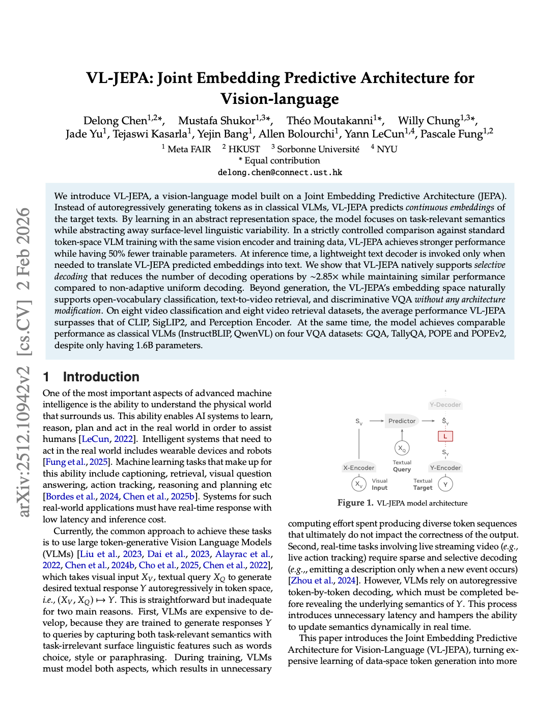 First page of VL-JEPA: Joint Embedding Predictive Architecture for Vision-language