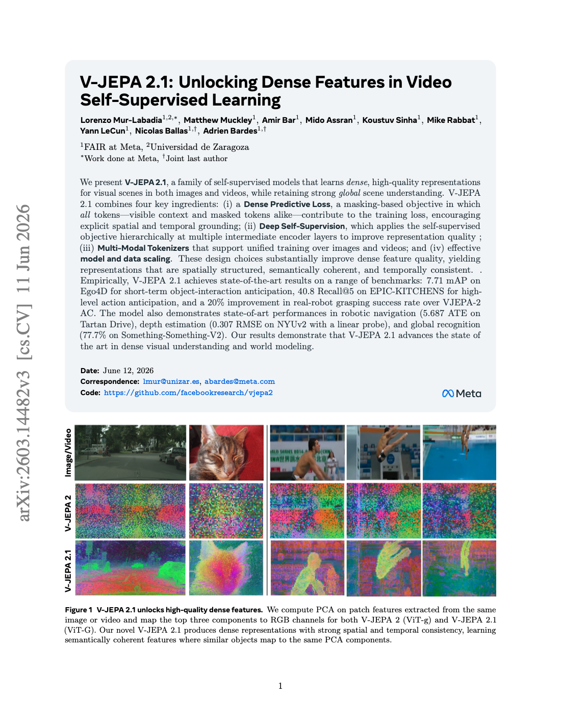 First page of V-JEPA 2.1: Unlocking Dense Features in Video Self-Supervised Learning