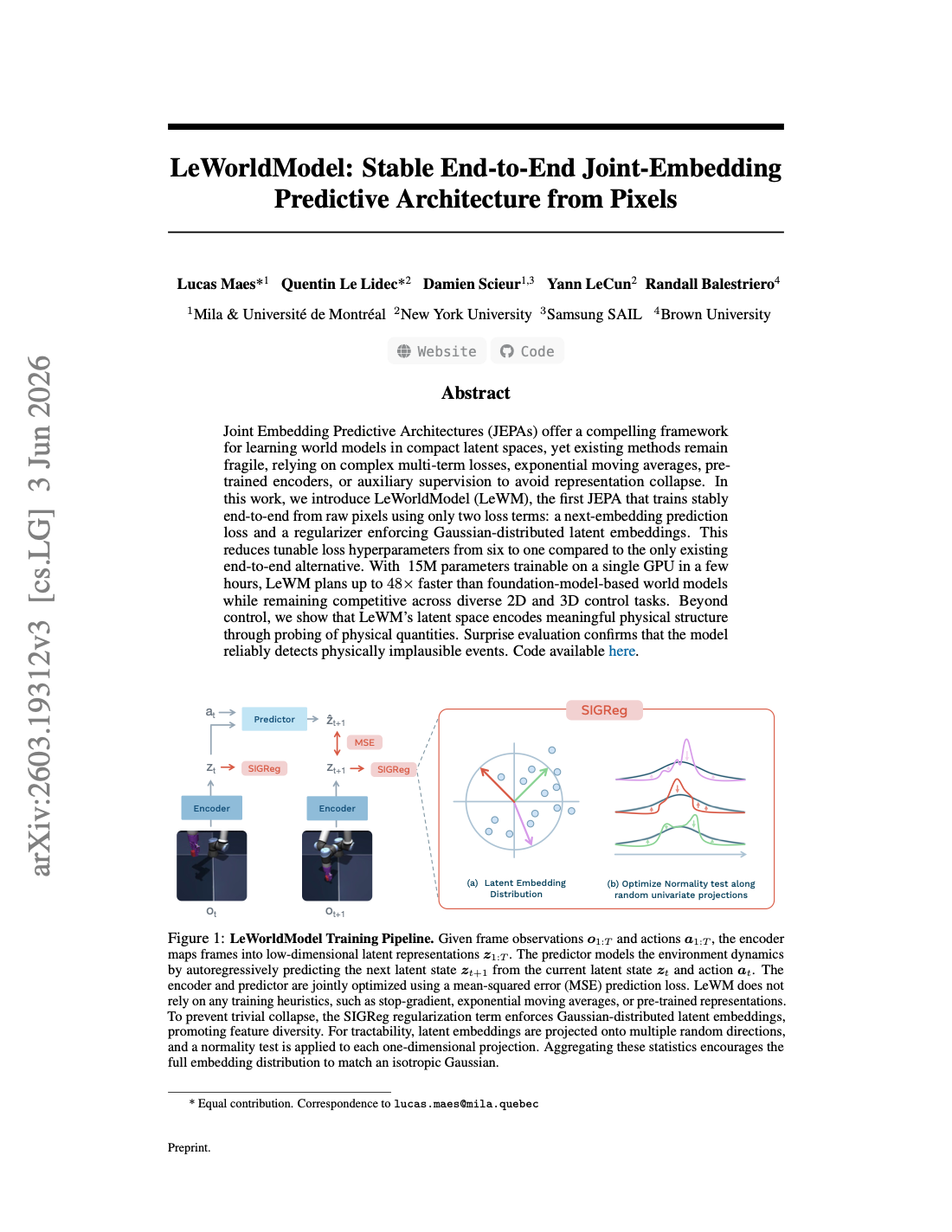 First page of LeWorldModel: Stable End-to-End Joint-Embedding Predictive Architecture from Pixels