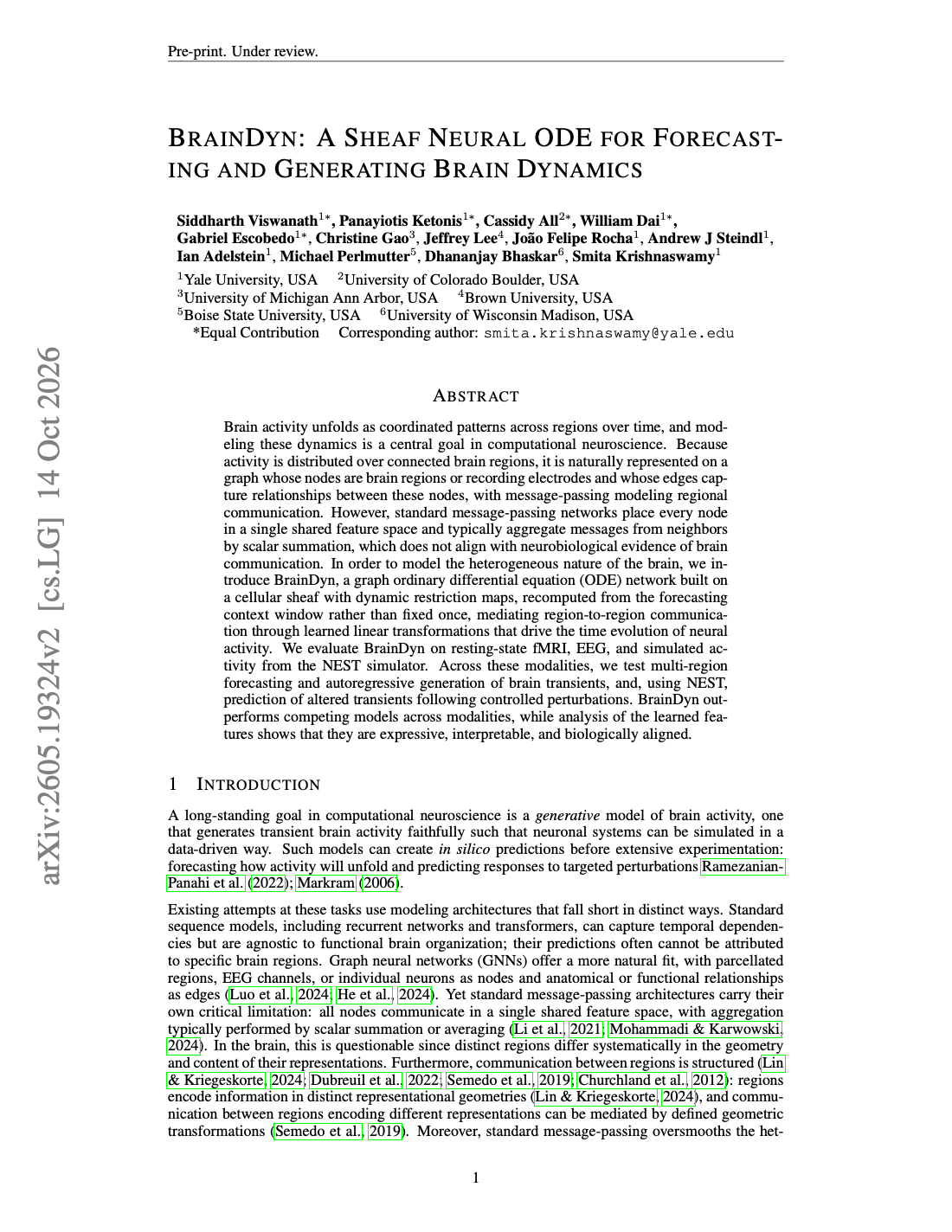 First page of BrainDyn: A Sheaf Neural ODE for Forecasting and Generating Brain Dynamics