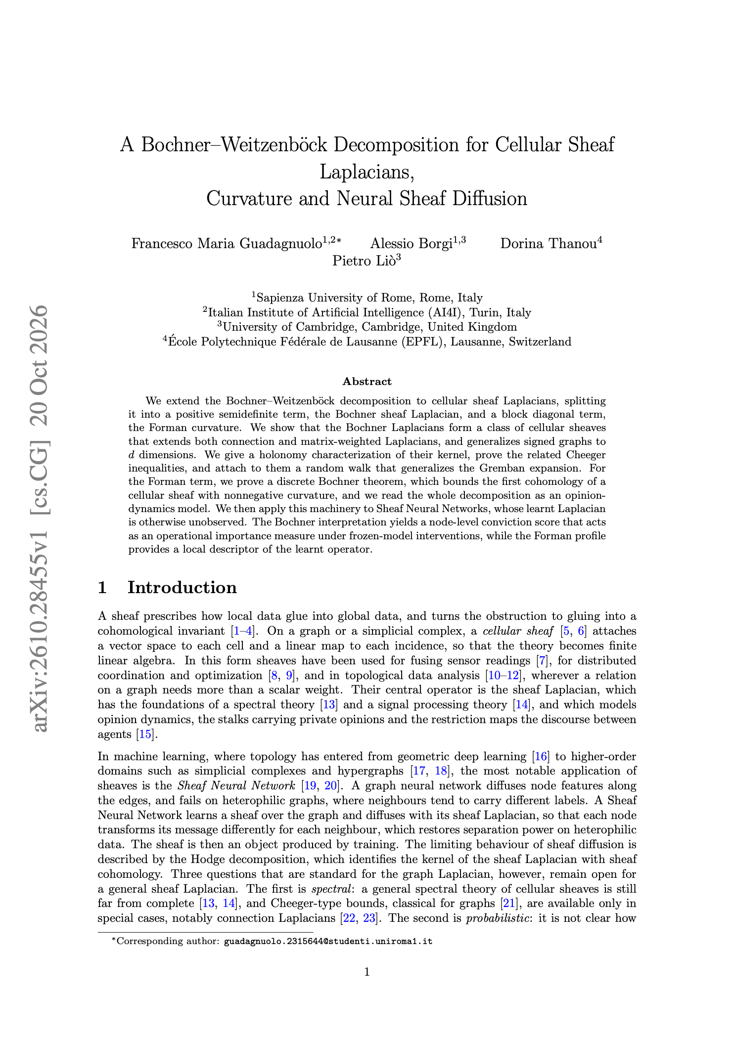 First page of A Bochner–Weitzenböck Decomposition for Cellular Sheaf Laplacians, Curvature and Neural Sheaf Diffusion, including its authors and abstract
