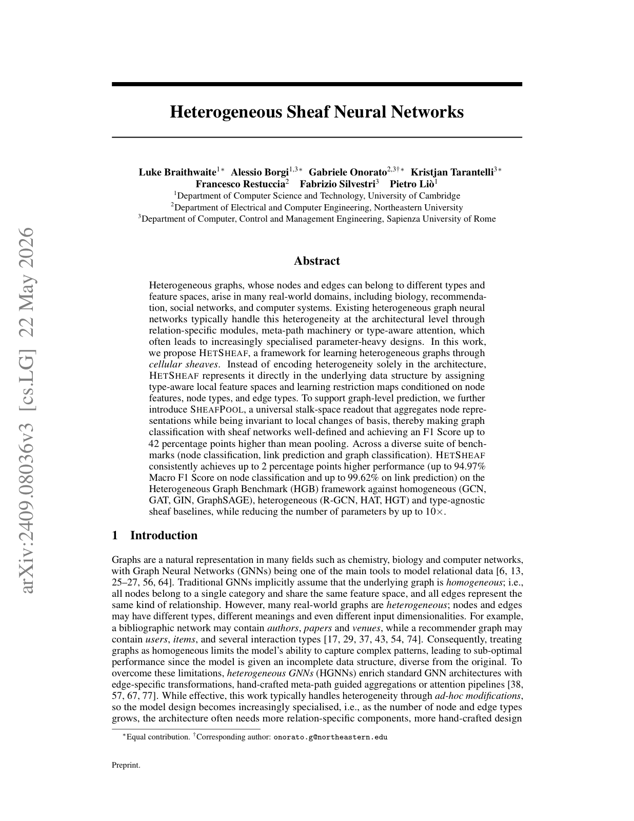 First page of the Heterogeneous Sheaf Neural Networks paper