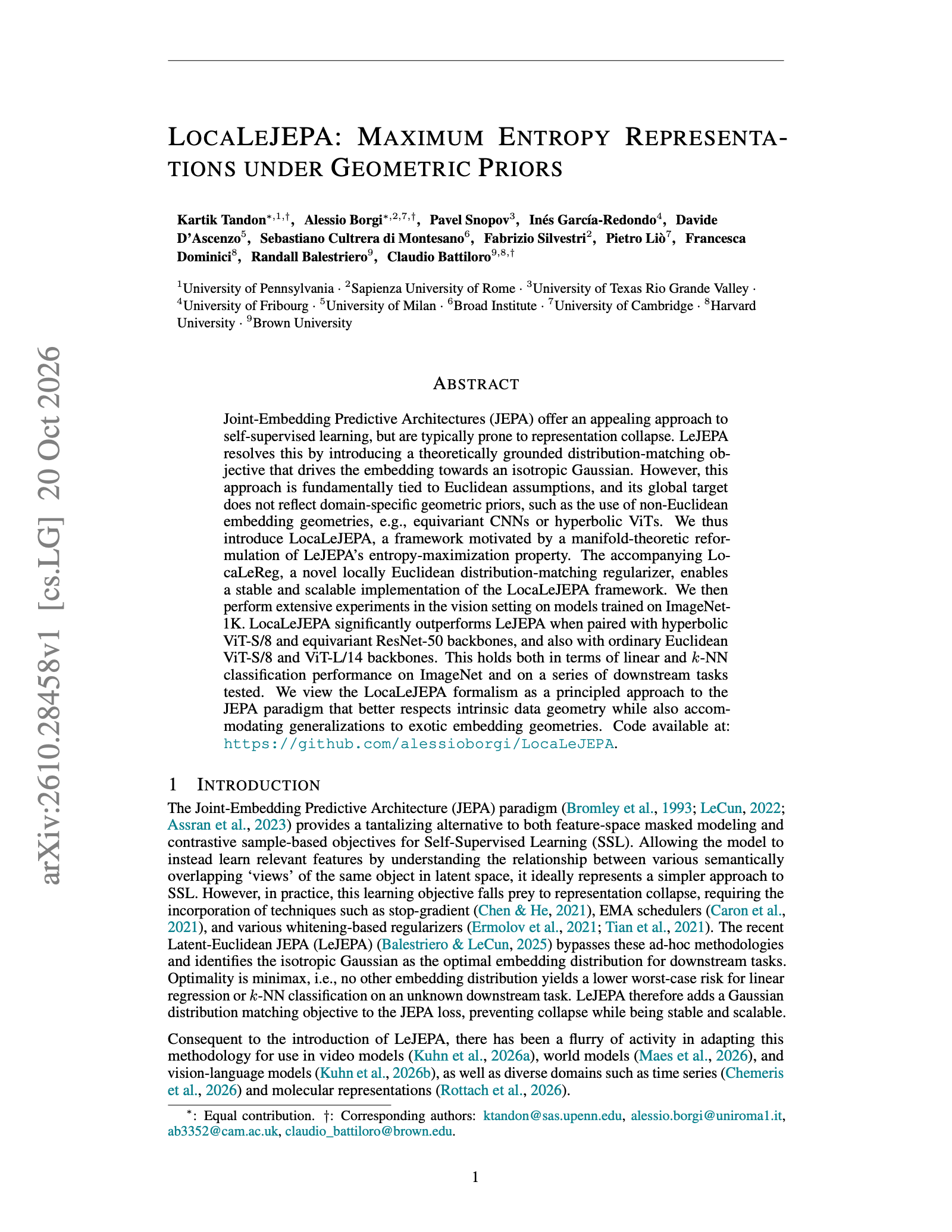 First page of LocaLeJEPA: Maximum Entropy Representations under Geometric Priors, with authors and abstract