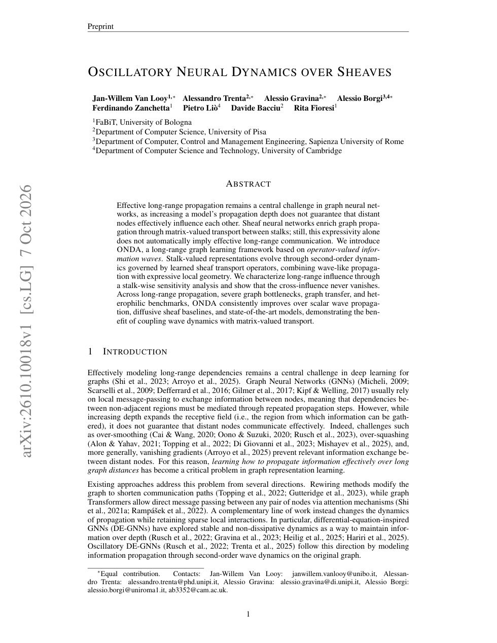First page of Oscillatory Neural Dynamics over Sheaves, showing the title, authors, and abstract