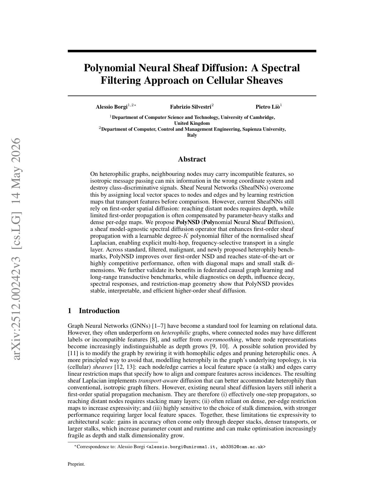 First page of the Polynomial Neural Sheaf Diffusion paper