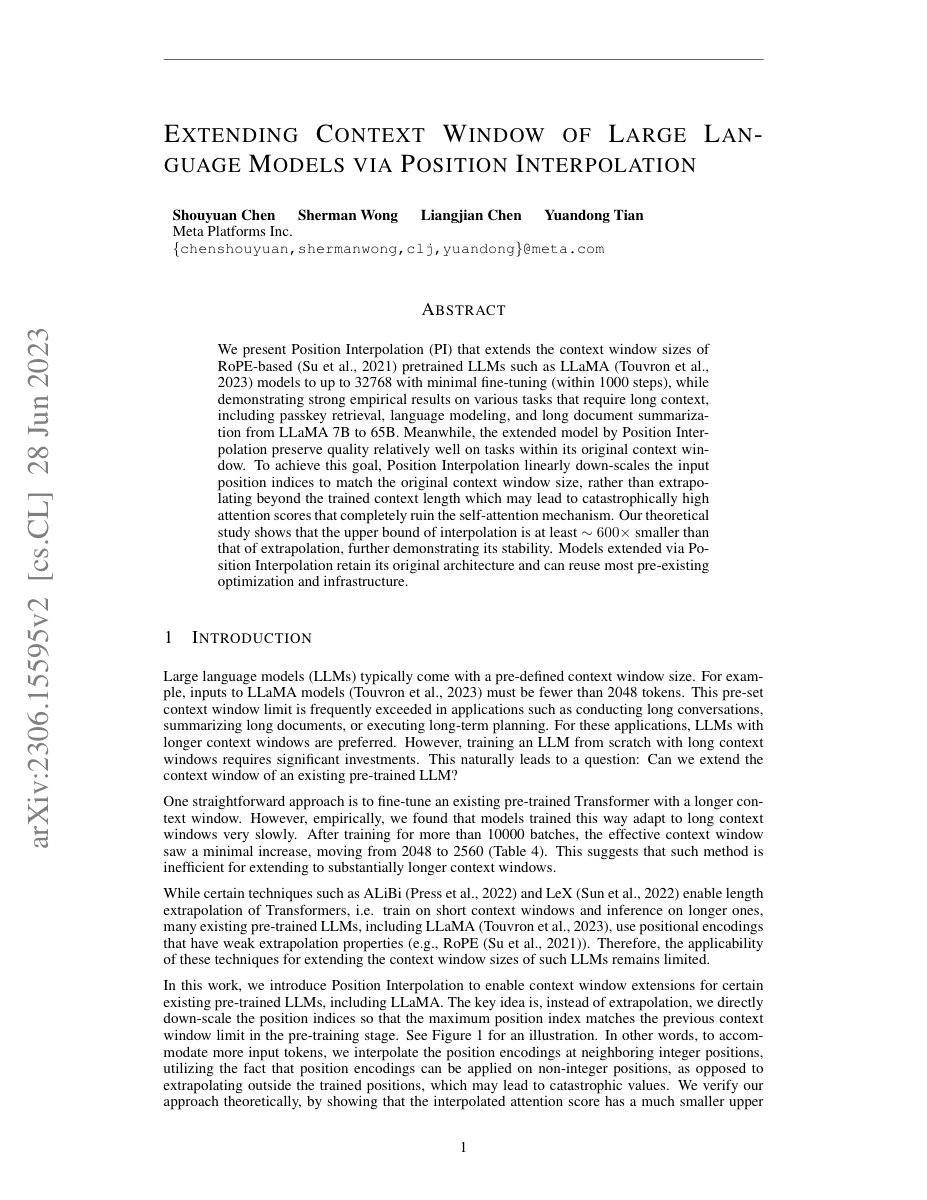 First page of the Position Interpolation paper