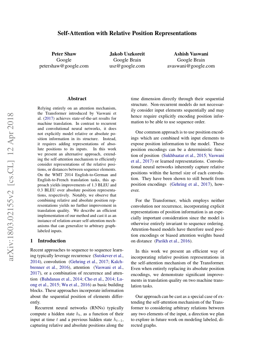 First page of the Self-Attention with Relative Position Representations paper