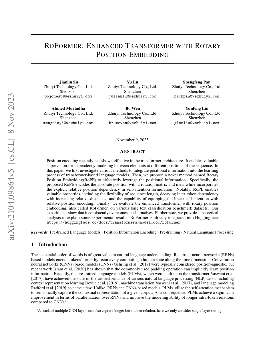 First page of the RoFormer paper