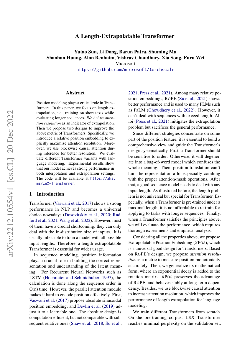 First page of the A Length-Extrapolatable Transformer paper