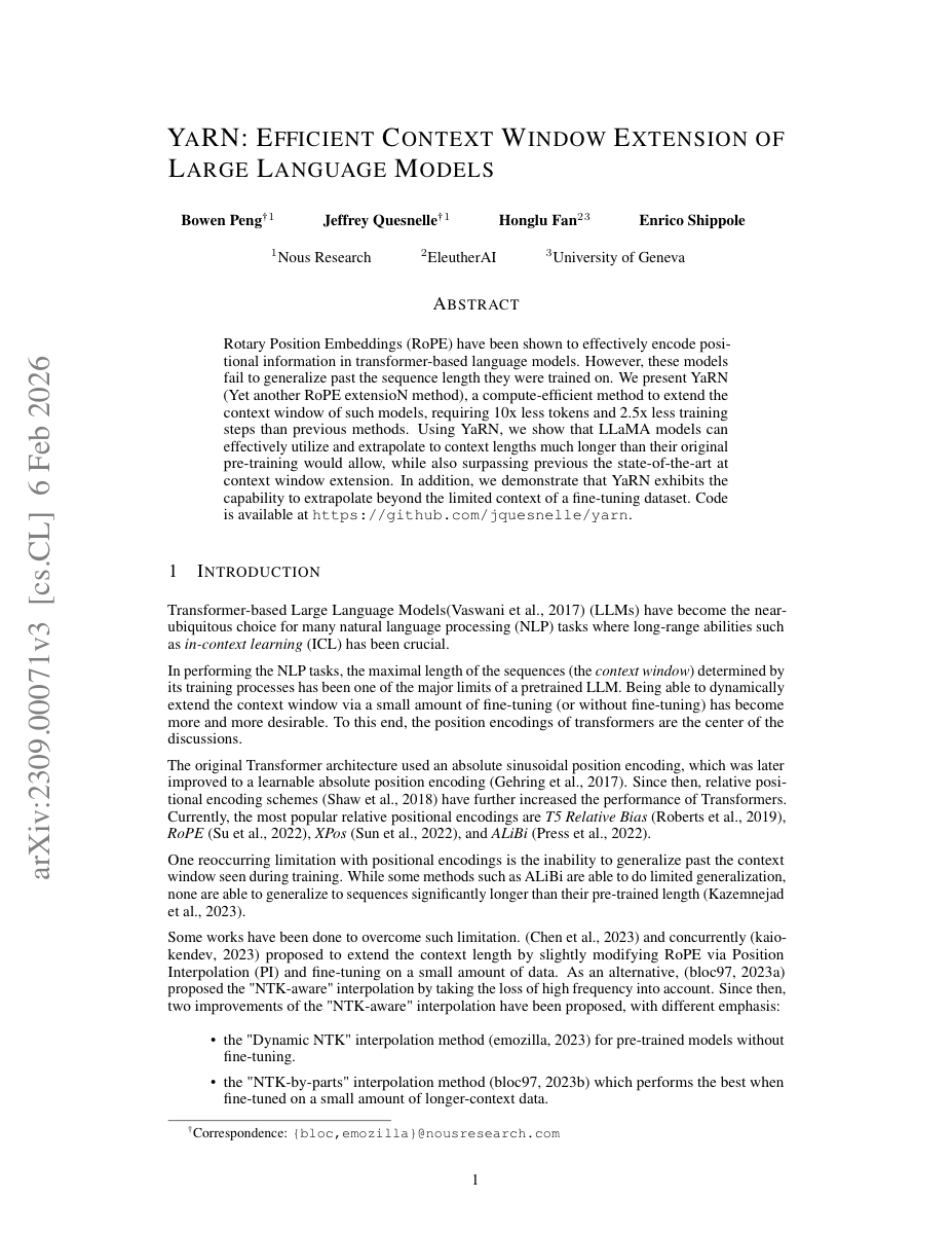 First page of the YaRN paper